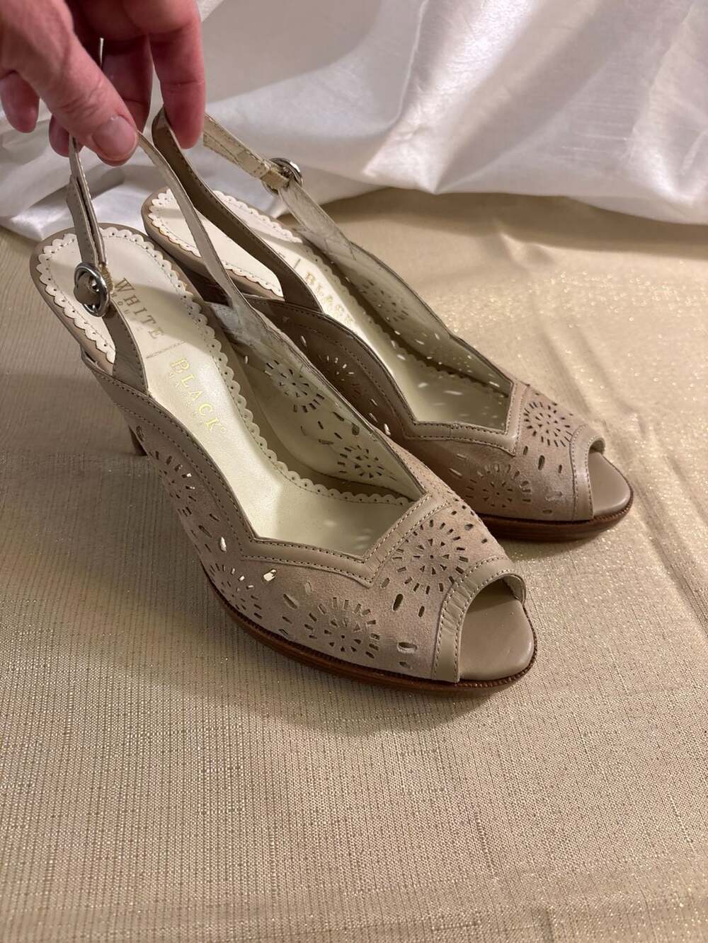 White House Black Market Laser Cut Slingback Heels Beige Leather